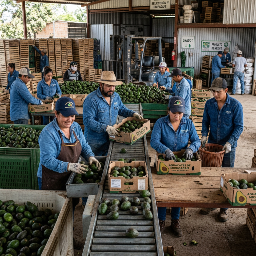 Workers in blue uniforms sorting and packing avocados into boxes labeled 'Aguacates de Michoacán'