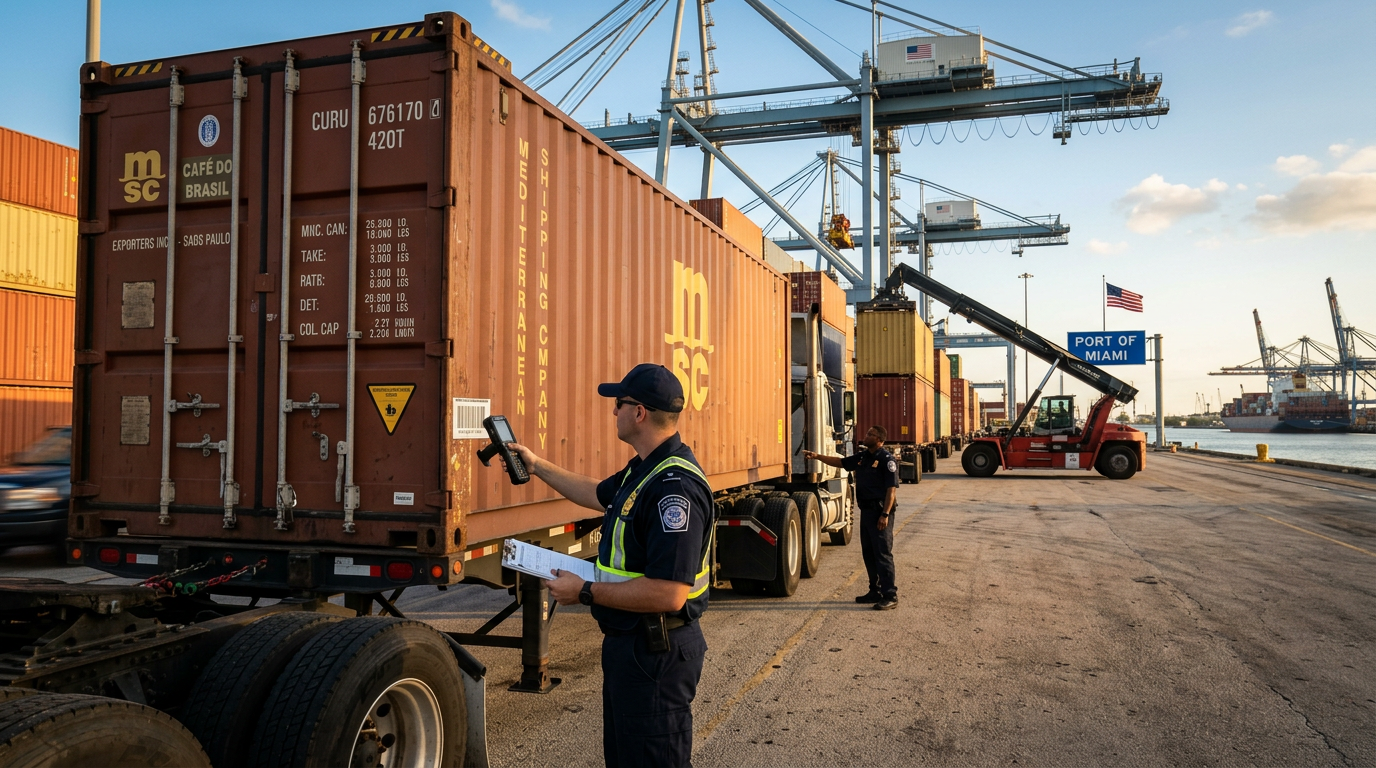 Customs officers scanning and checking shipping containers at port terminal
