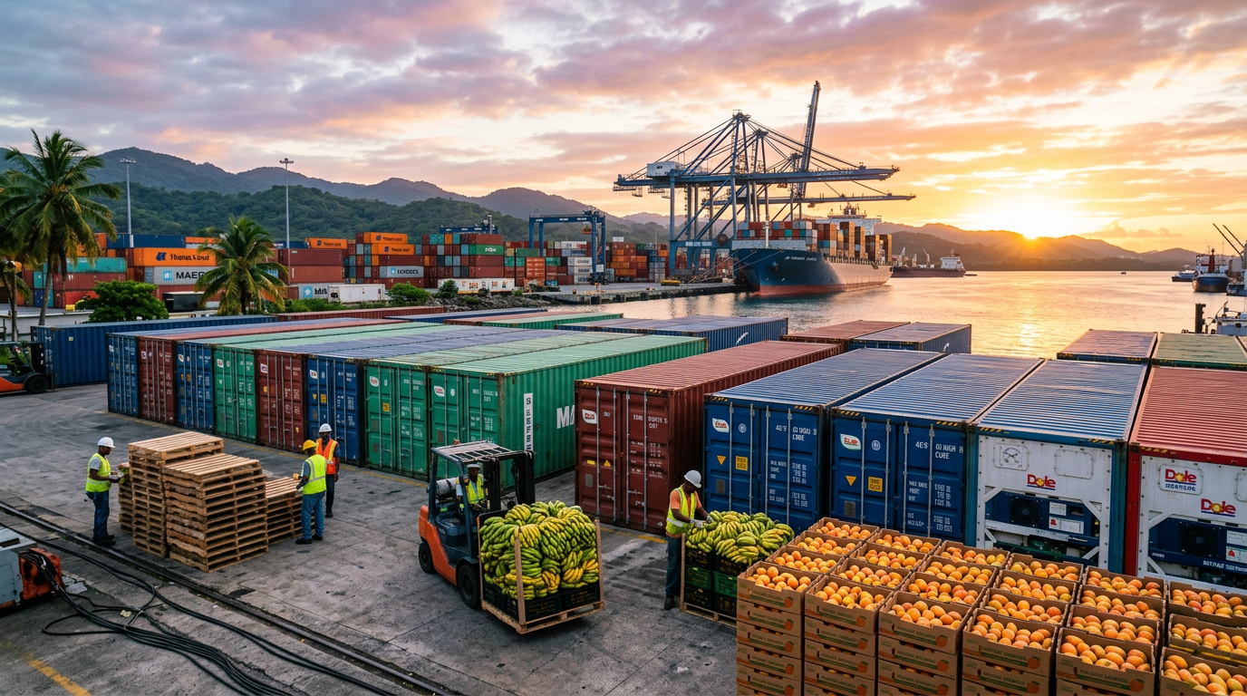Workers loading bananas and oranges into shipping containers at a port with cargo ships and cranes in the background
