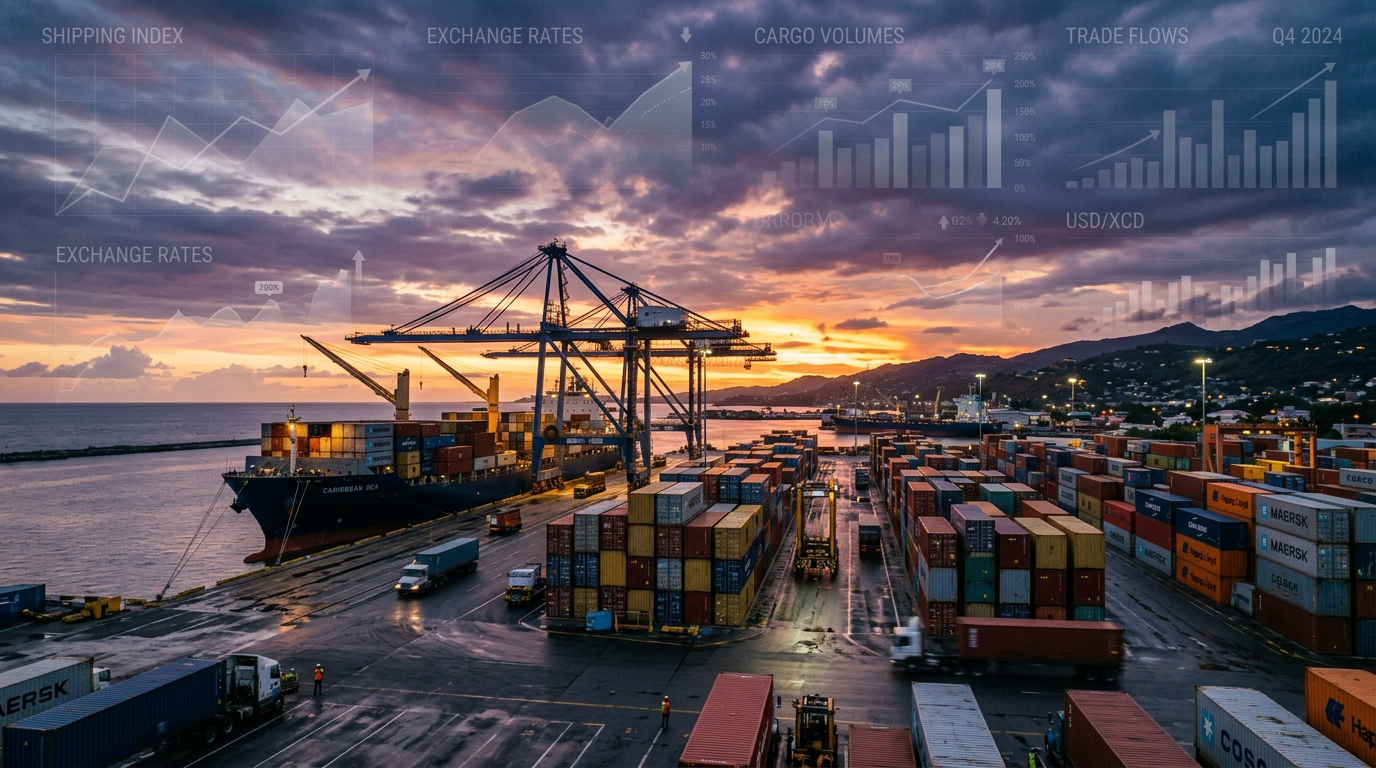 Shipping port with cargo containers, cranes, trucks, and overlaid trade data charts at sunset