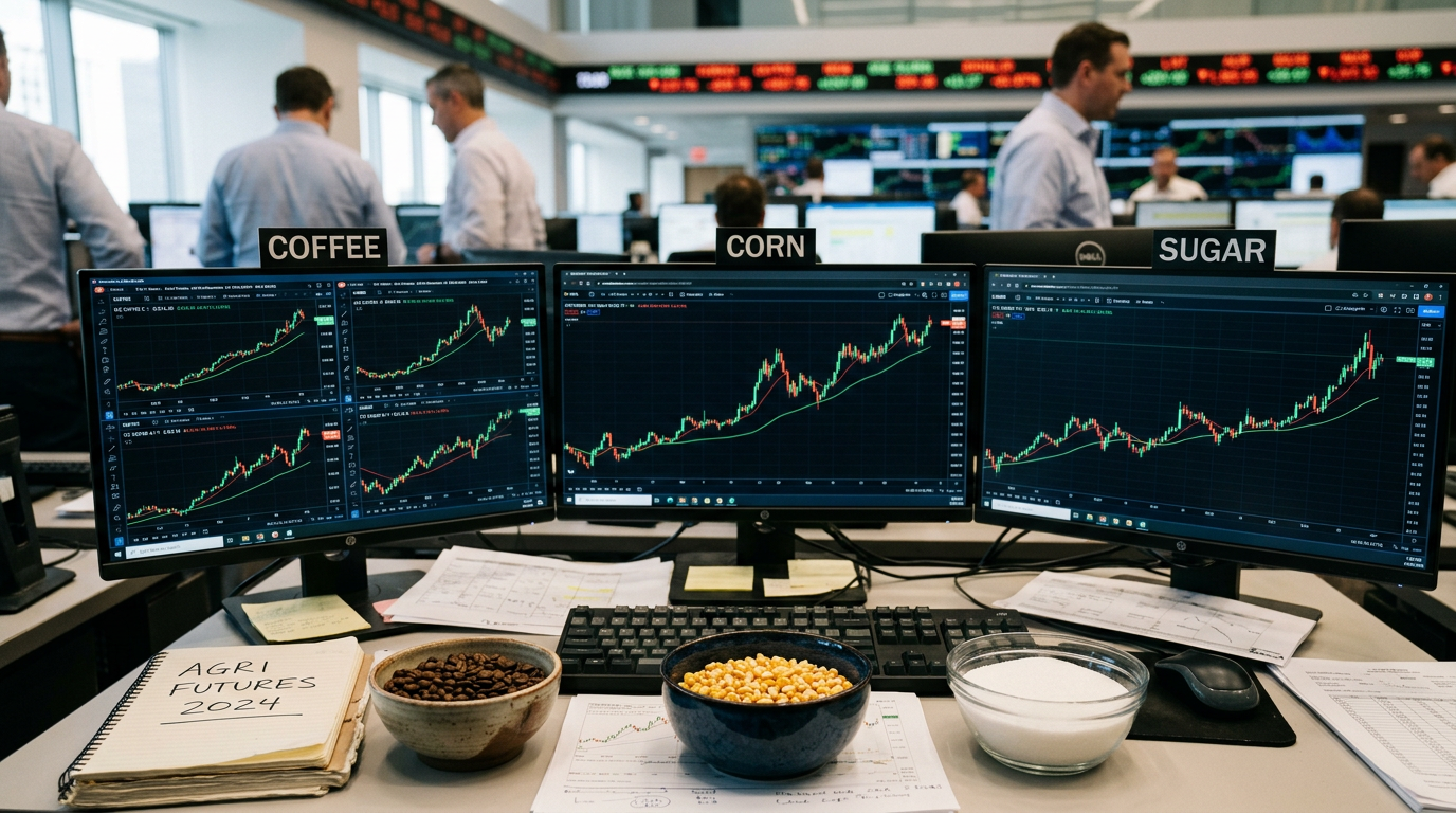 Trading monitors showing coffee, corn, and sugar futures charts with corresponding bowls of coffee beans, corn kernels, and sugar on desk