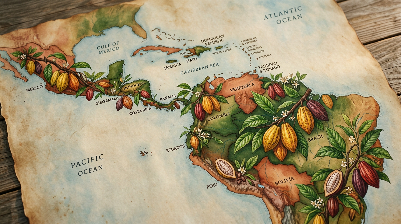 Illustrated map of Central and South America with cocoa pods